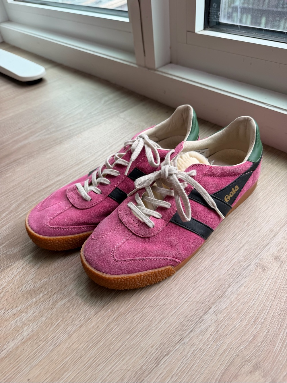 Gola Pink Suede Sneakers with Black Stripes and Green Heel